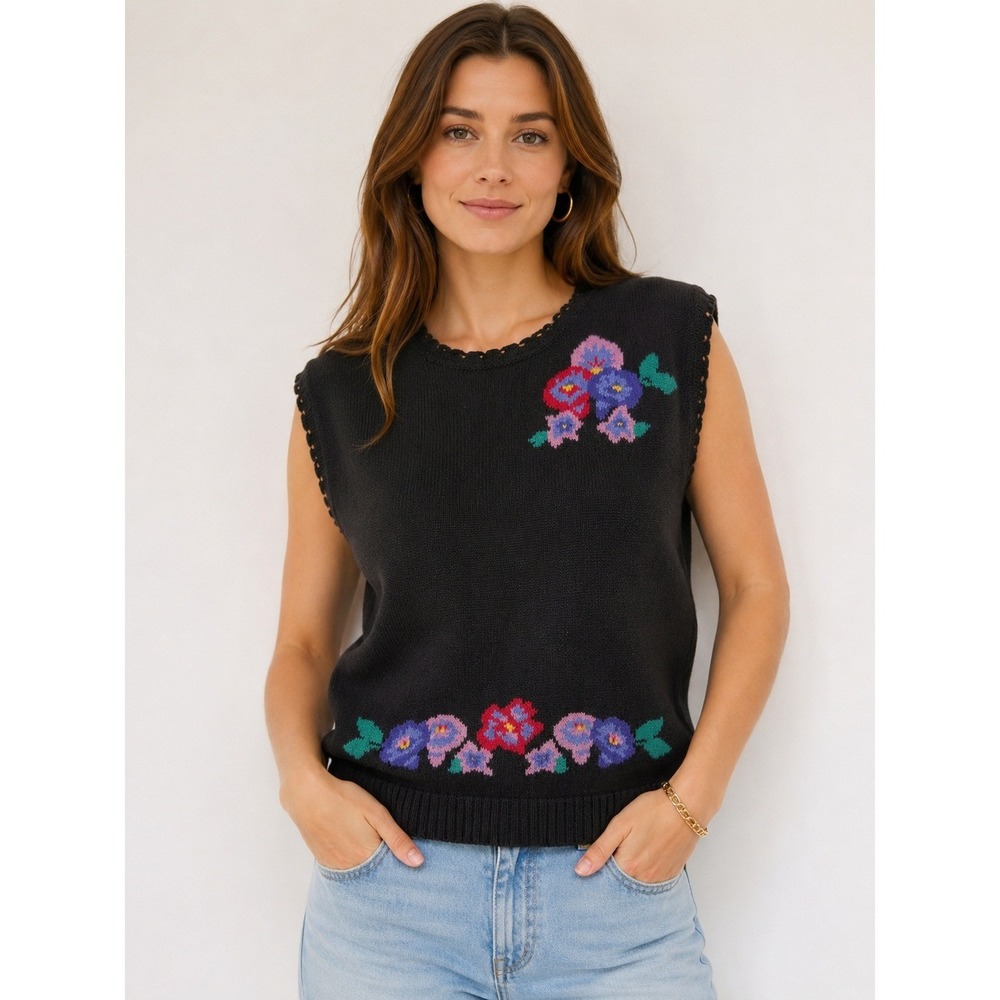 Vintage Work Habits Sweater Vest Womens L Black Floral Ramie Cotton 80s 90s